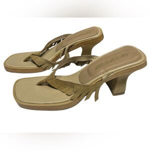 Y2K Expressions Fringe Suede Heeled Thong Sandals 9 Square Toe Tan Flip Flops